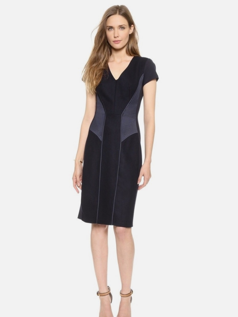 Club Monaco Kiona Wool Blend Pencil Navy and Slate V-Neck Sheath Dress